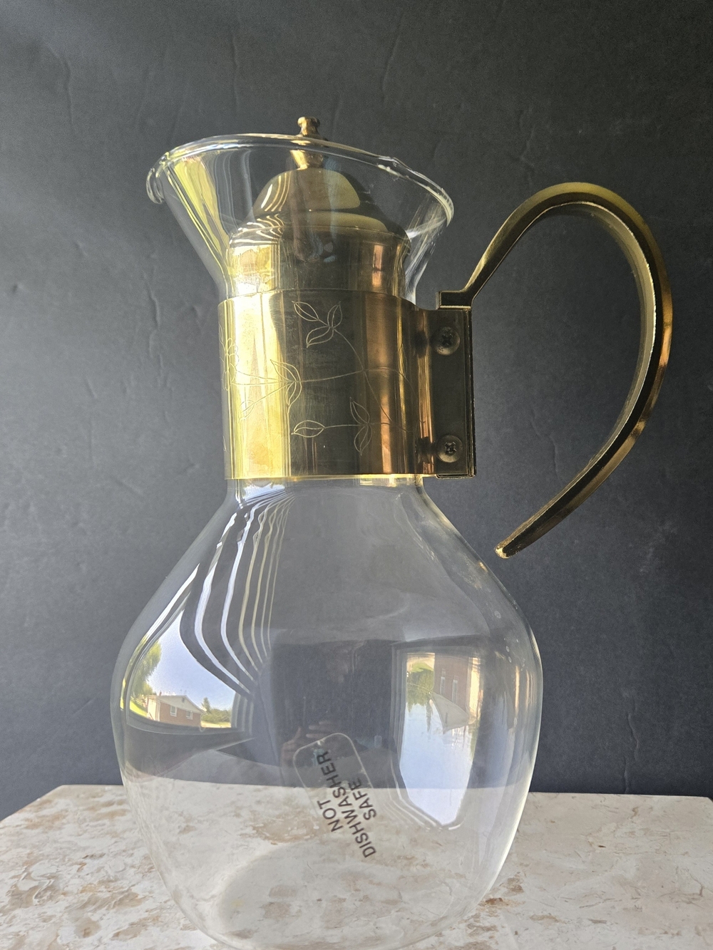 Vintage Princess House Herritage Brass Etched Glass Carafe Pitcher